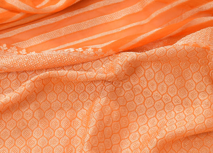 Orange Pure Khaddi Georgette Silk Banarasi Handloom Zari Woven Stripes Saree
