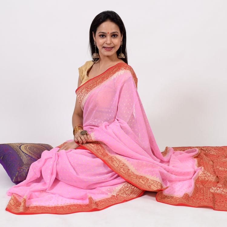 Pink Pure Khaddi Georgette Silk Banarasi Handloom Animal Border Woven Saree