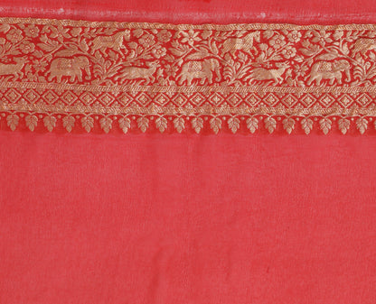 Pink Pure Khaddi Georgette Silk Banarasi Handloom Animal Border Woven Saree