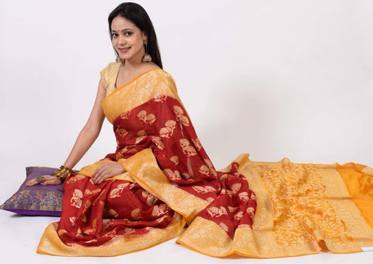 Maroon & Mustard Pure Khaddi Chiffon Silk Banarasi Handloom Premium Saree Fabric