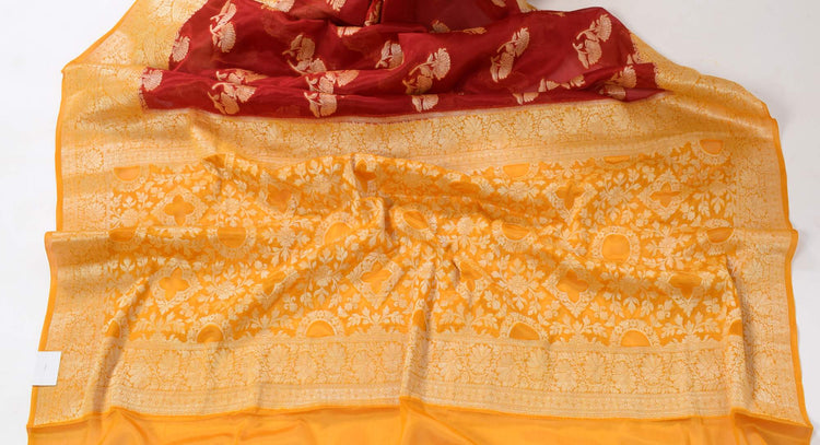 Maroon & Mustard Pure Khaddi Chiffon Silk Banarasi Handloom Premium Saree Fabric
