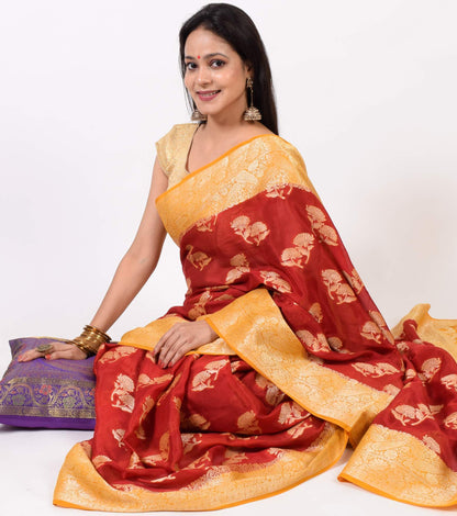 Maroon & Mustard Pure Khaddi Chiffon Silk Banarasi Handloom Premium Saree Fabric