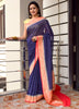 Blackish Blue Pure Khaddi Georgette Silk Banarasi Handloom Zari Woven Saree
