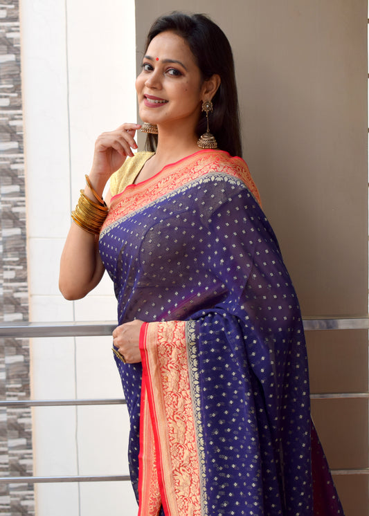 Blackish Blue Pure Khaddi Georgette Silk Banarasi Handloom Zari Woven Saree