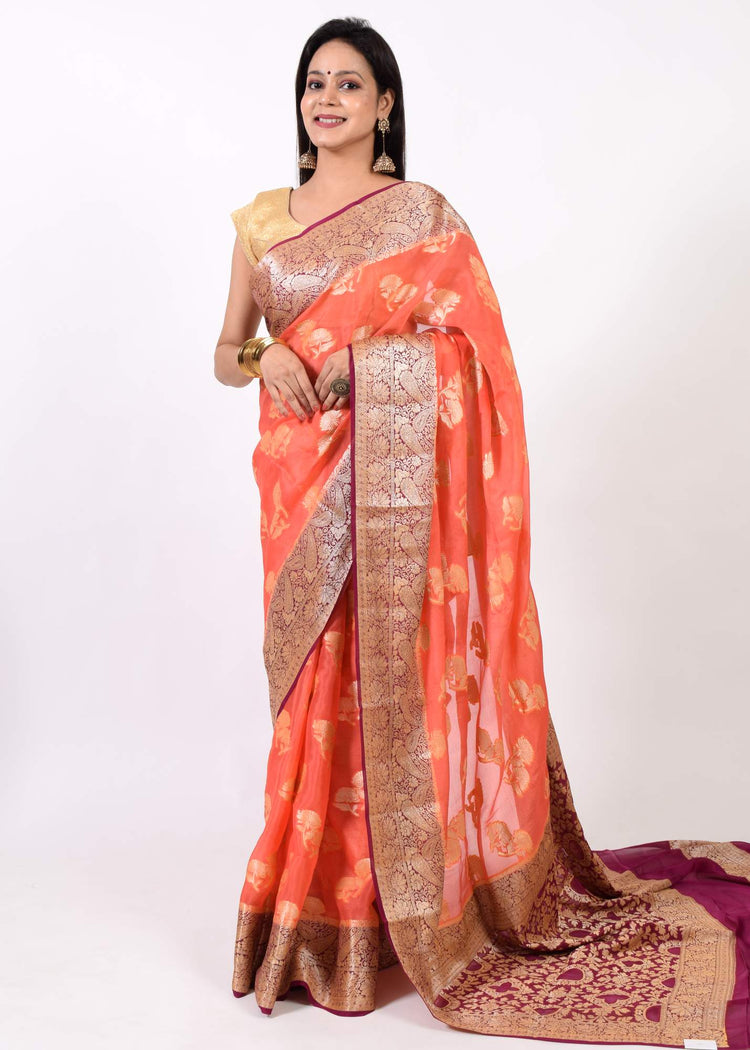 Peach & Purple Pure Khaddi Chiffon Silk Banarasi Handloom Premium Saree Fabric