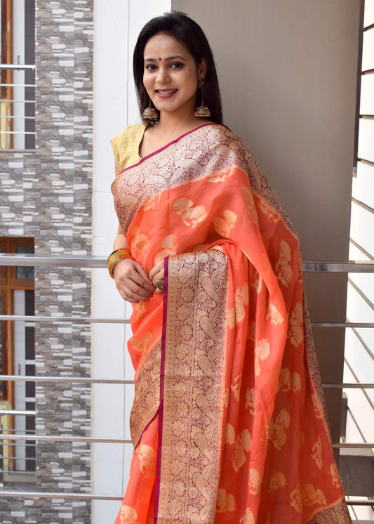 Peach & Purple Pure Khaddi Chiffon Silk Banarasi Handloom Premium Saree Fabric