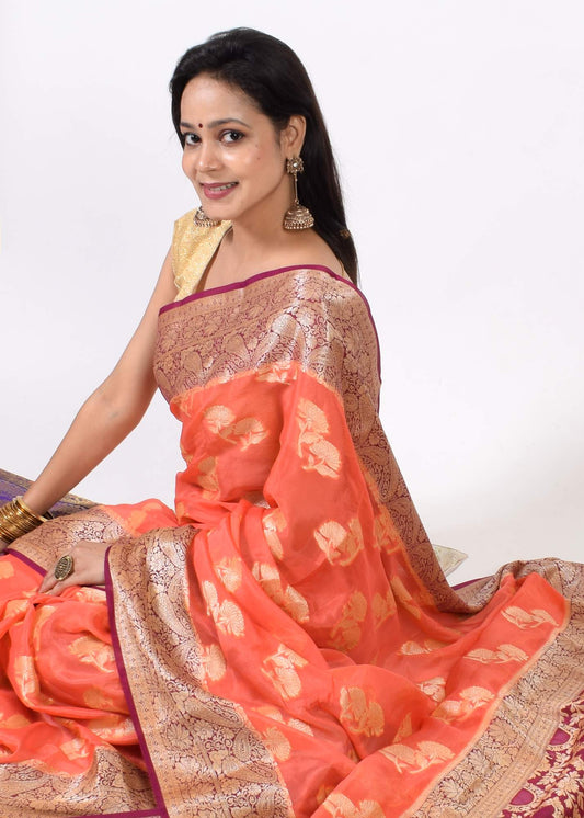 Peach & Purple Pure Khaddi Chiffon Silk Banarasi Handloom Premium Saree Fabric