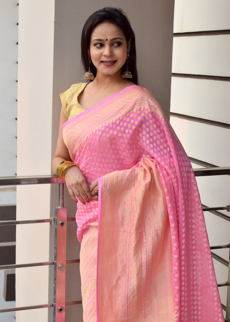 Light Pink Pure Khaddi Georgette Silk Banarasi Handloom Skirt Border Saree Woven