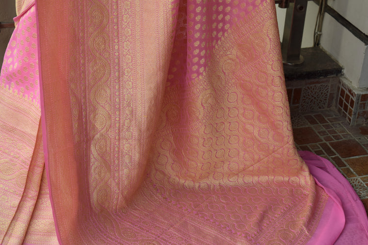 Light Pink Pure Khaddi Georgette Silk Banarasi Handloom Skirt Border Saree Woven