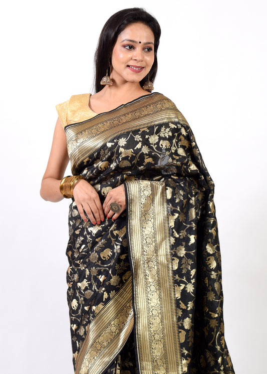 Banarasi Shikargah Zari Woven Black Sari Bend Silk Elephant Deer Birds Fabric