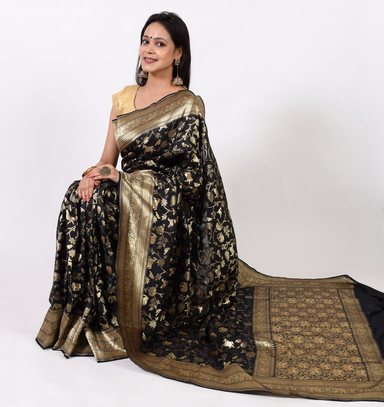 Banarasi Shikargah Zari Woven Black Sari Bend Silk Elephant Deer Birds Fabric
