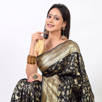 Banarasi Shikargah Zari Woven Black Sari Bend Silk Elephant Deer Birds Fabric