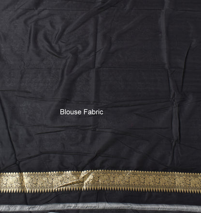 Banarasi Shikargah Zari Woven Black Sari Bend Silk Elephant Deer Birds Fabric
