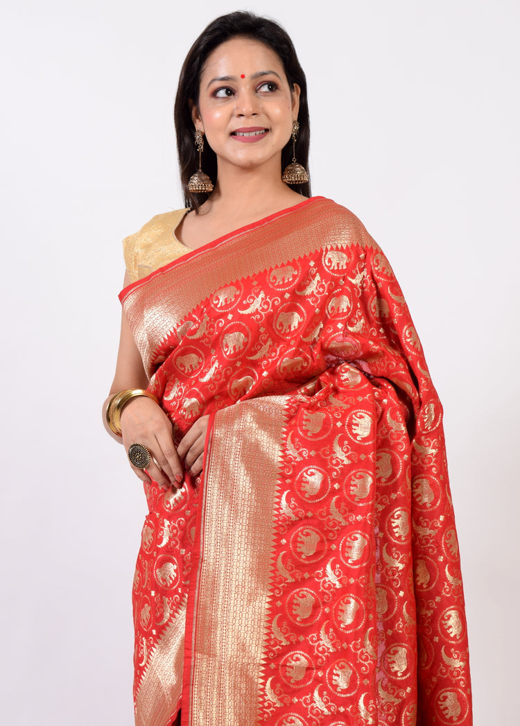 Banarasi Shikargah Saree Zari Woven Red Sari Bend Silk Elephant Birds Fabric