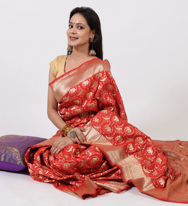 Banarasi Shikargah Saree Zari Woven Red Sari Bend Silk Elephant Birds Fabric