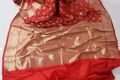 Banarasi Shikargah Saree Zari Woven Red Sari Bend Silk Elephant Birds Fabric