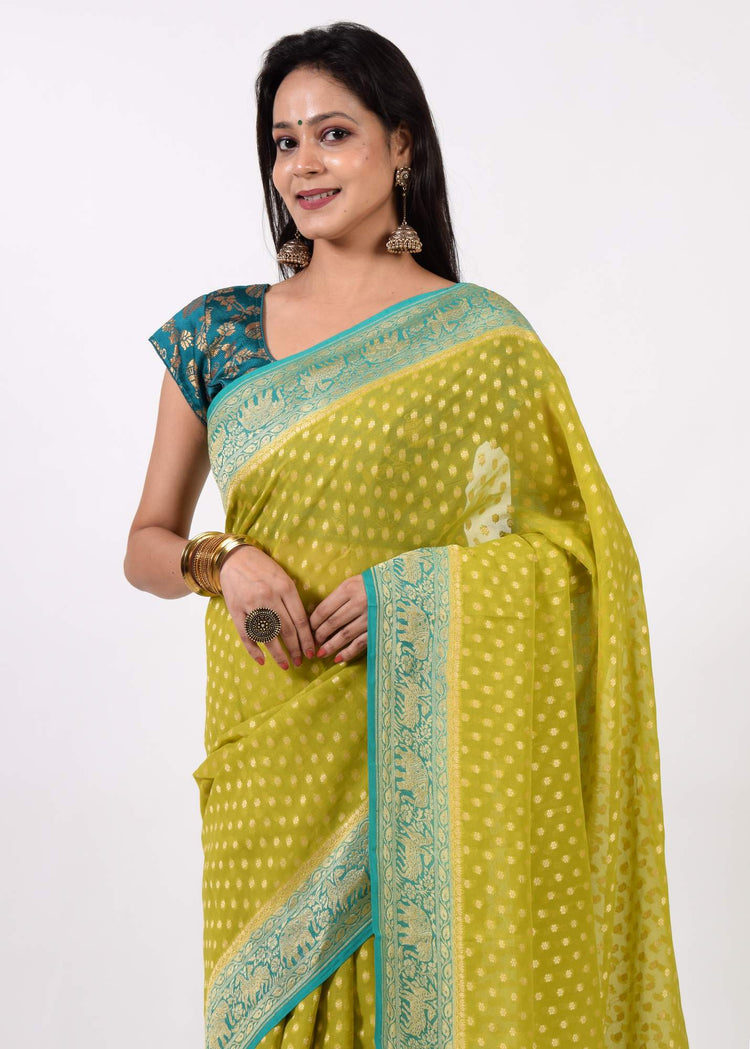 Green Pure Khaddi Georgette Silk Banarasi Handloom Premium Saree Fabric