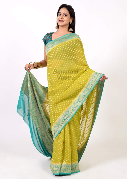 Green Pure Khaddi Georgette Silk Banarasi Handloom Premium Saree Fabric