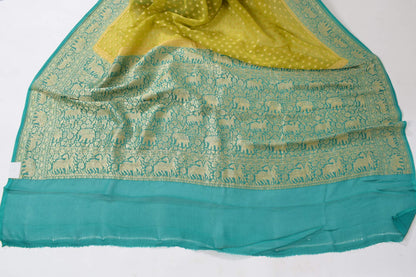 Green Pure Khaddi Georgette Silk Banarasi Handloom Premium Saree Fabric