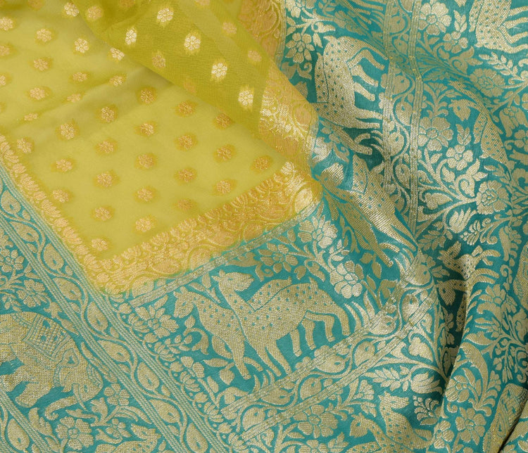 Green Pure Khaddi Georgette Silk Banarasi Handloom Premium Saree Fabric