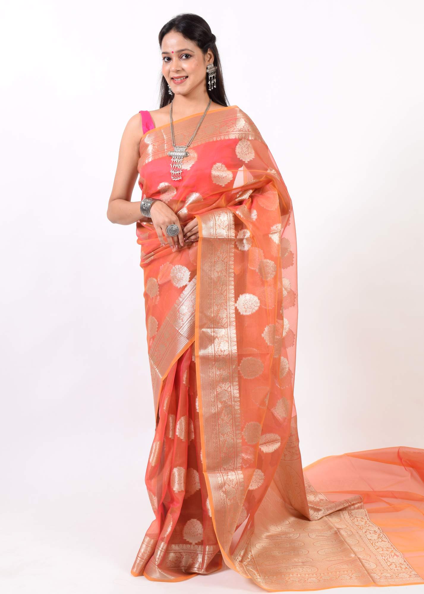 Peach Multi Shades Banarasi Organza Saree with Zari Woven Buta Rich Pallu&Border