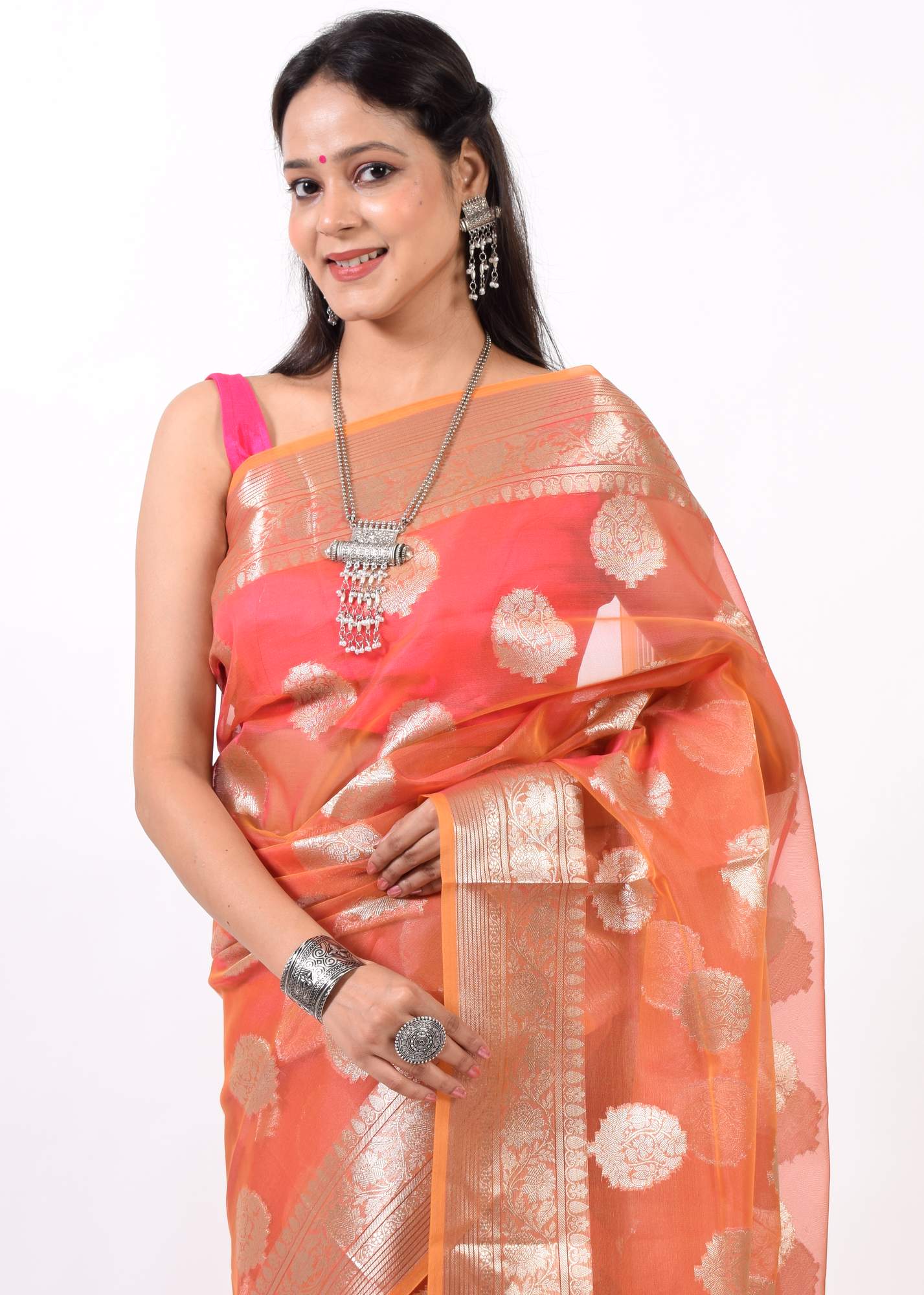 Peach Multi Shades Banarasi Organza Saree with Zari Woven Buta Rich Pallu&Border