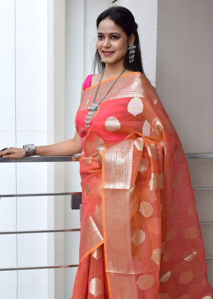 Peach Multi Shades Banarasi Organza Saree with Zari Woven Buta Rich Pallu&Border