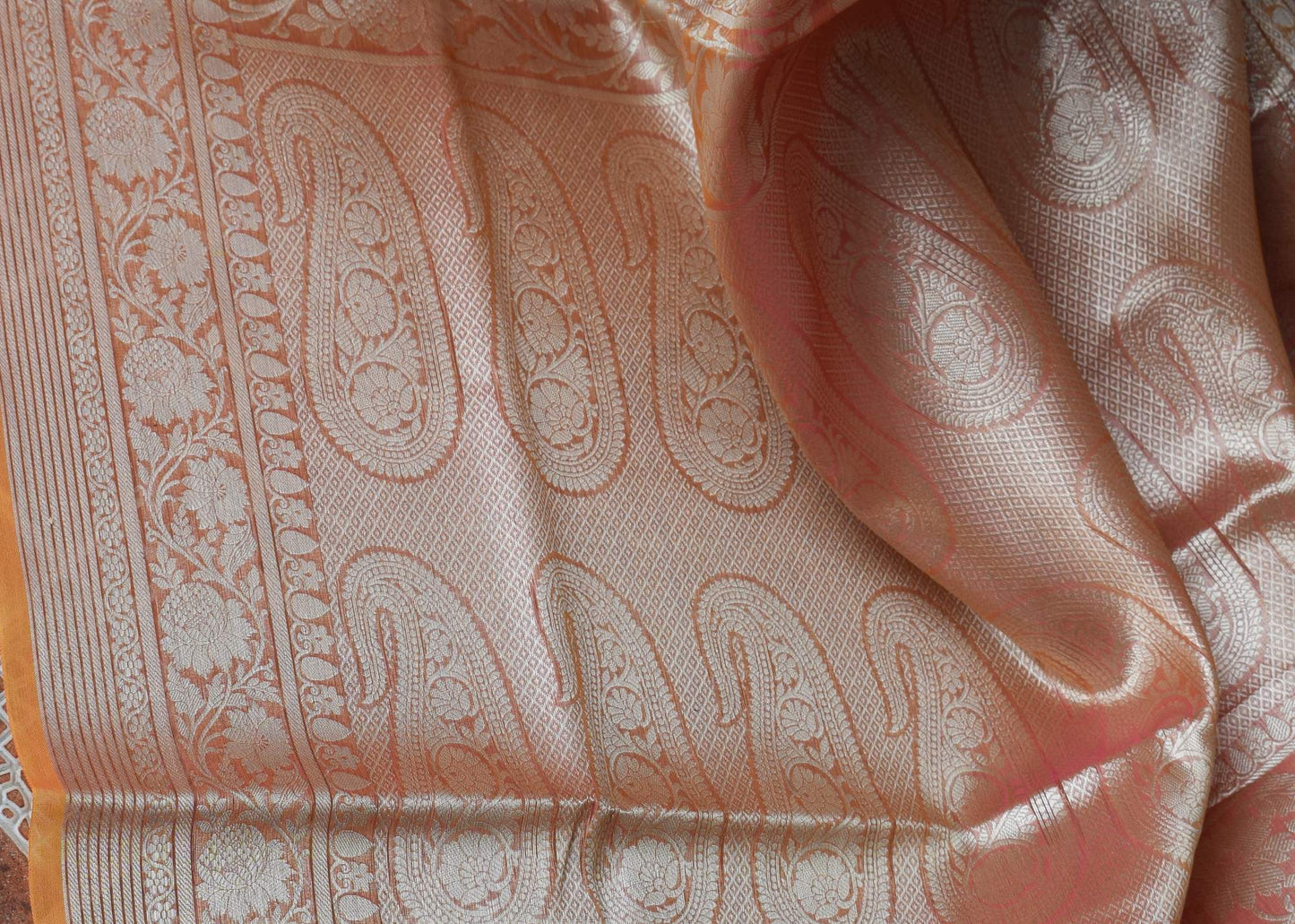 Peach Multi Shades Banarasi Organza Saree with Zari Woven Buta Rich Pallu&Border