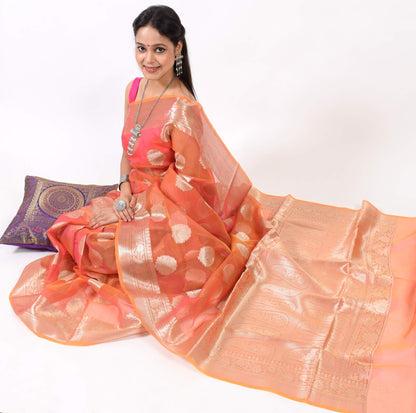 Peach Multi Shades Banarasi Organza Saree with Zari Woven Buta Rich Pallu&Border