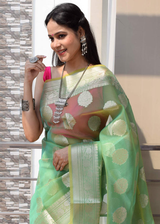 Green Shades Banarasi Organza Saree with Zari Woven Buta Rich Pallu & Border