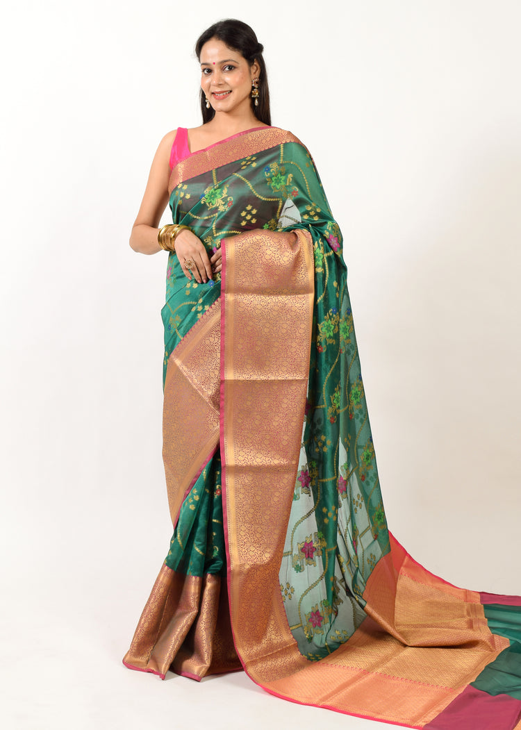 Green Banarasi Semi Cotton Silkly Tilfi Zaal Saree Zari Woven Skirt Border Sari