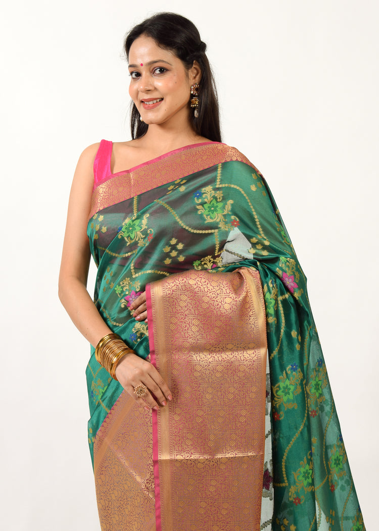 Green Banarasi Semi Cotton Silkly Tilfi Zaal Saree Zari Woven Skirt Border Sari