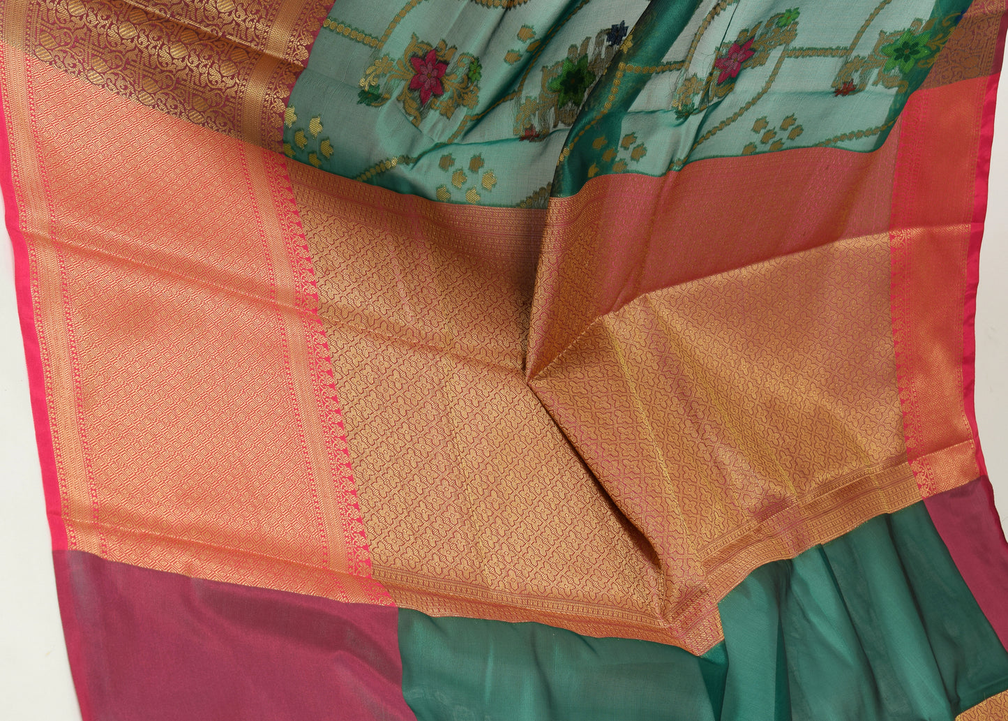 Green Banarasi Semi Cotton Silkly Tilfi Zaal Saree Zari Woven Skirt Border Sari