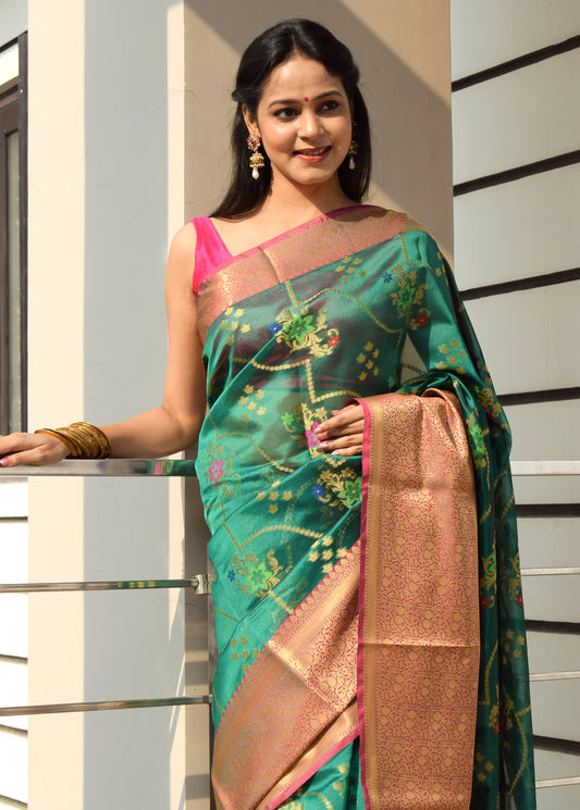 Green Banarasi Semi Cotton Silkly Tilfi Zaal Saree Zari Woven Skirt Border Sari