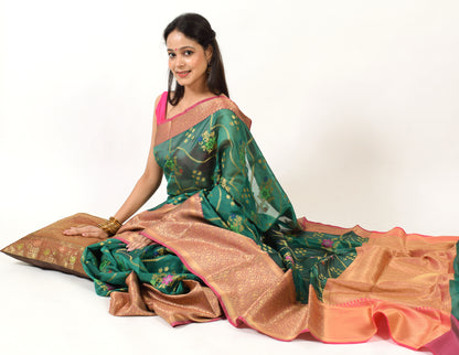 Green Banarasi Semi Cotton Silkly Tilfi Zaal Saree Zari Woven Skirt Border Sari