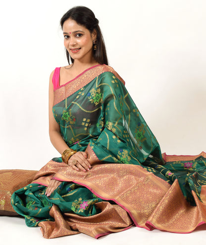 Green Banarasi Semi Cotton Silkly Tilfi Zaal Saree Zari Woven Skirt Border Sari
