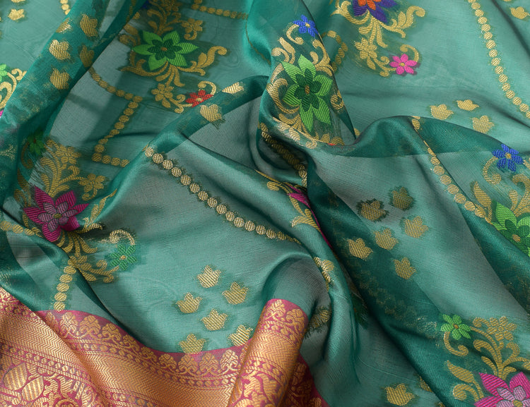 Green Banarasi Semi Cotton Silkly Tilfi Zaal Saree Zari Woven Skirt Border Sari