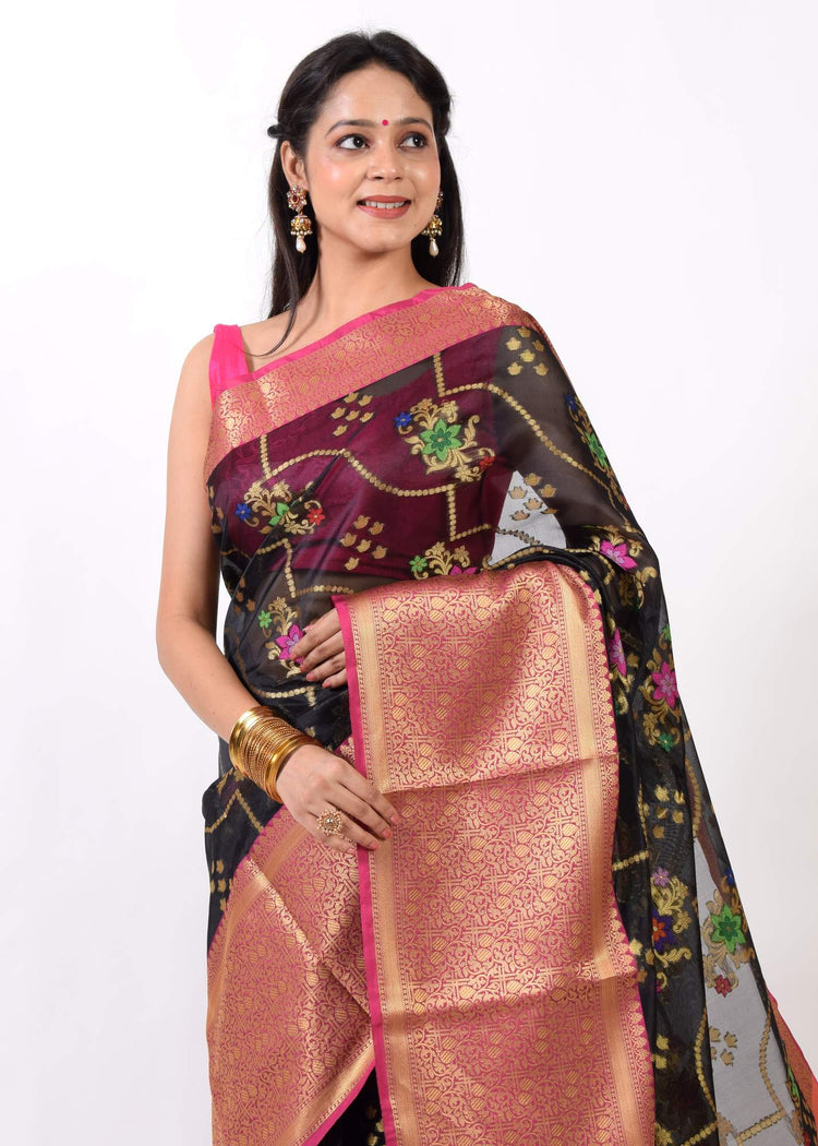 Black Banarasi Semi Cotton Silkly Tilfi Zaal Saree Zari Woven Skirt Border Sari
