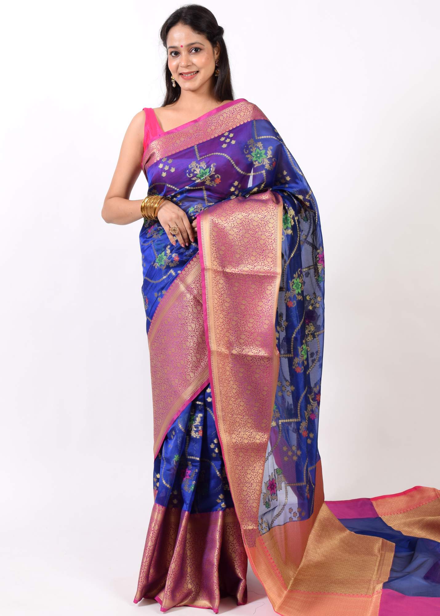 Blue Banarasi Semi Cotton Silkly Tilfi Zaal Saree Zari Woven Skirt Border Sari