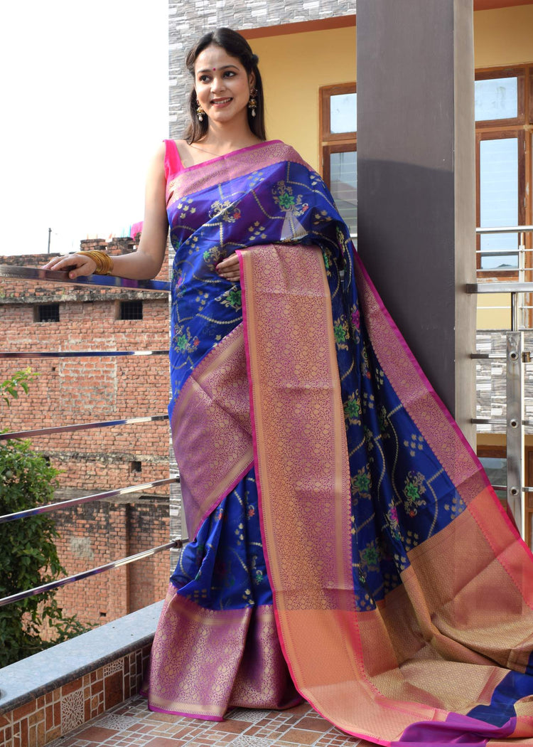 Blue Banarasi Semi Cotton Silkly Tilfi Zaal Saree Zari Woven Skirt Border Sari