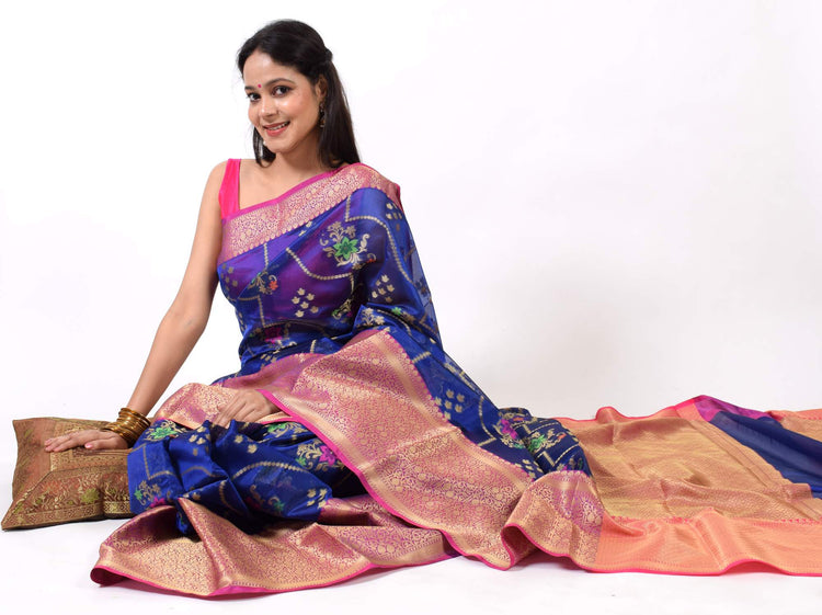 Blue Banarasi Semi Cotton Silkly Tilfi Zaal Saree Zari Woven Skirt Border Sari