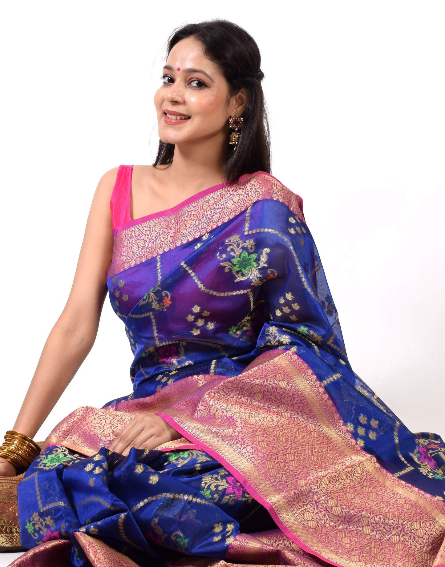 Blue Banarasi Semi Cotton Silkly Tilfi Zaal Saree Zari Woven Skirt Border Sari