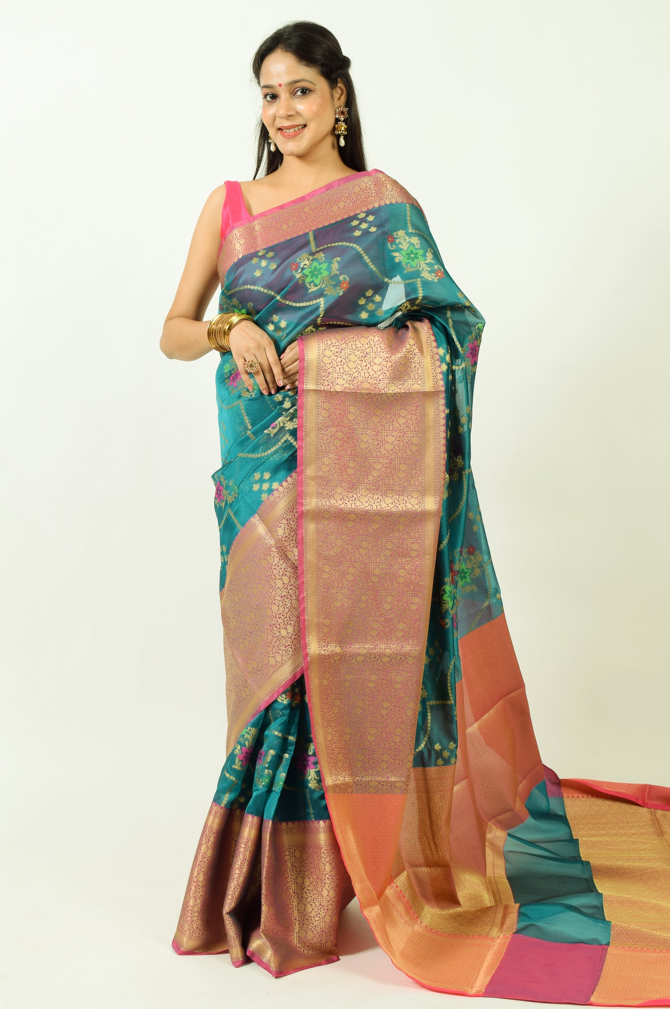 Rama Banarasi Semi Cotton Silkly Tilfi Zaal Saree Zari Woven Skirt Border Sari