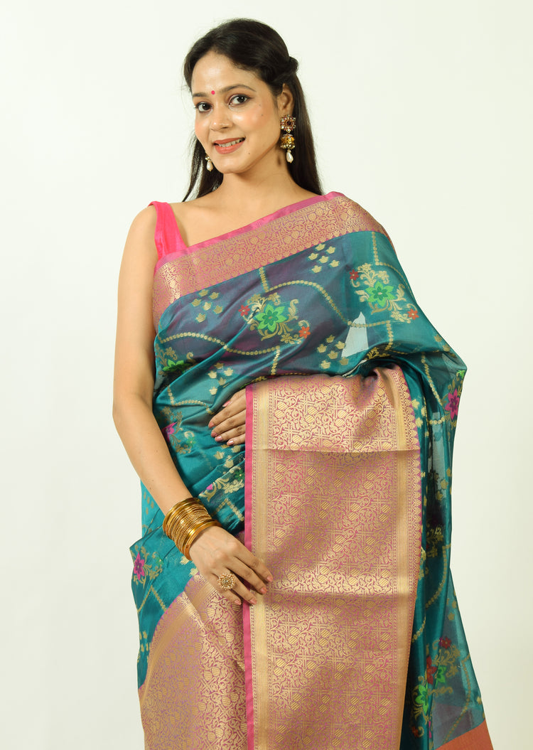 Rama Banarasi Semi Cotton Silkly Tilfi Zaal Saree Zari Woven Skirt Border Sari