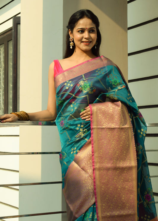 Rama Banarasi Semi Cotton Silkly Tilfi Zaal Saree Zari Woven Skirt Border Sari