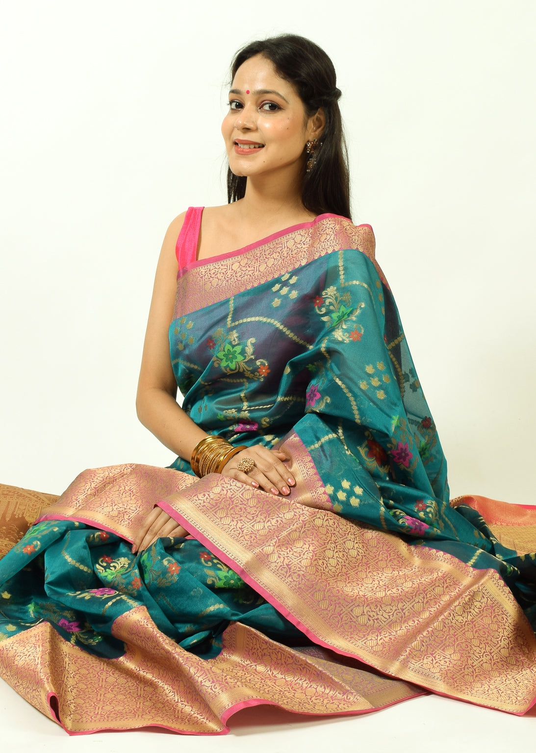 Rama Banarasi Semi Cotton Silkly Tilfi Zaal Saree Zari Woven Skirt Border Sari