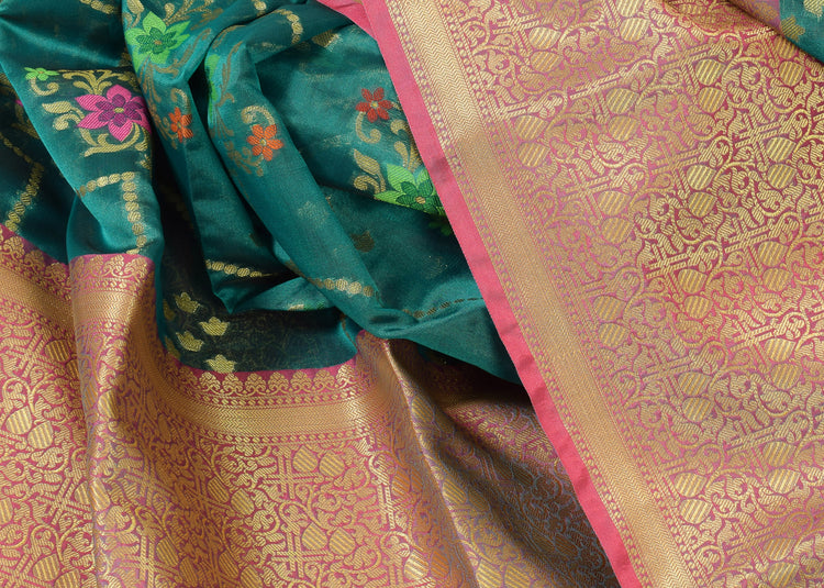 Rama Banarasi Semi Cotton Silkly Tilfi Zaal Saree Zari Woven Skirt Border Sari
