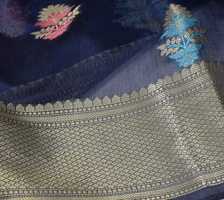 Blue Banarasi Semi Cotton Floral Tilfi Buta Saree Woven Zari Border Sari Fabric