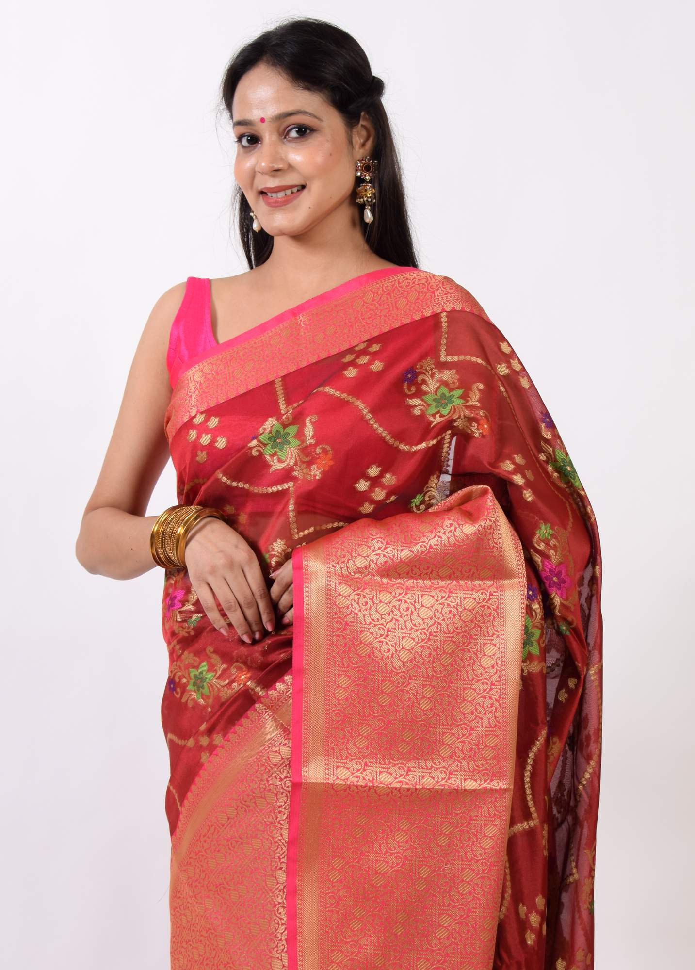 Maroon Banarasi Semi Cotton Silkly Tilfi Zaal Saree Zari Woven Skirt Border Sari