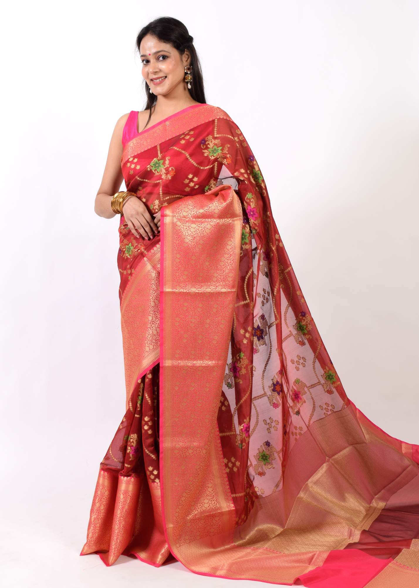 Maroon Banarasi Semi Cotton Silkly Tilfi Zaal Saree Zari Woven Skirt Border Sari